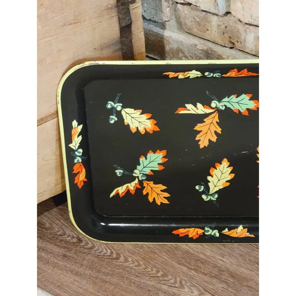 Vintage Mid Century Black Metal Lap TV Serving Tray Oak Leaves Acorns Fall Decor